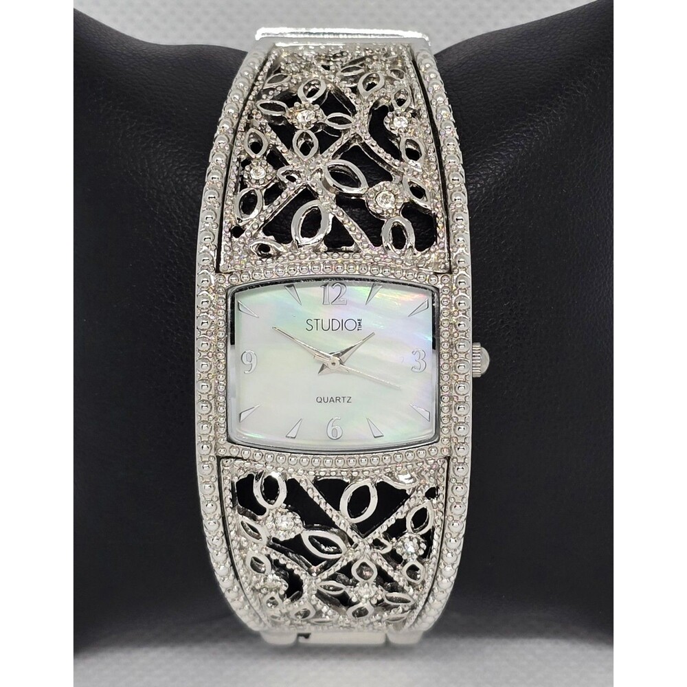 Women's Studio Time Fancy White MoP Dial Silver Tone Case Cuff Bracelet Watch 11